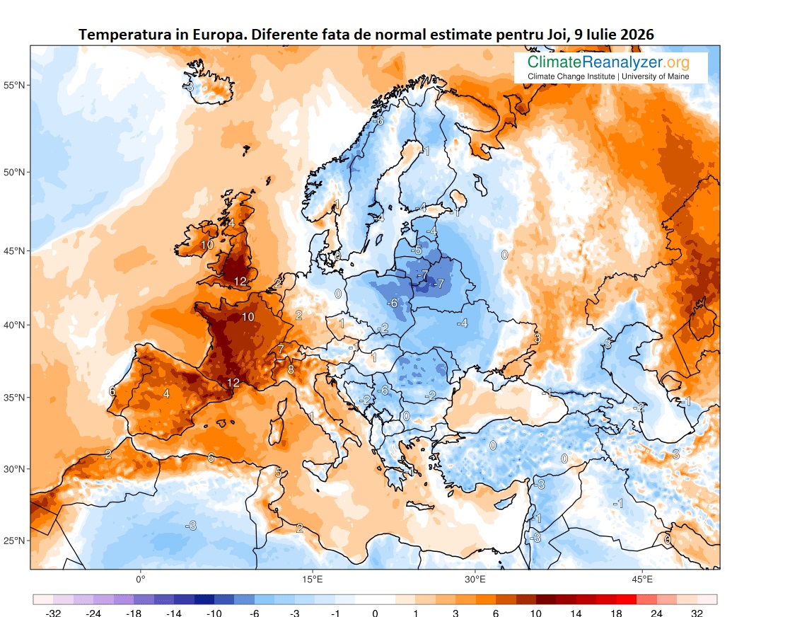Temperaturi estimate pentru joi, 9 iulie 2026 în Europa. Diferențe față de medie