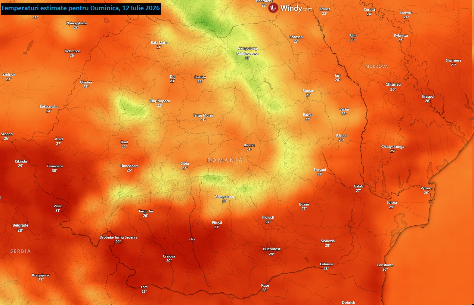 Temperaturi estimate pentru Duminică, 12 Iulie 2026
