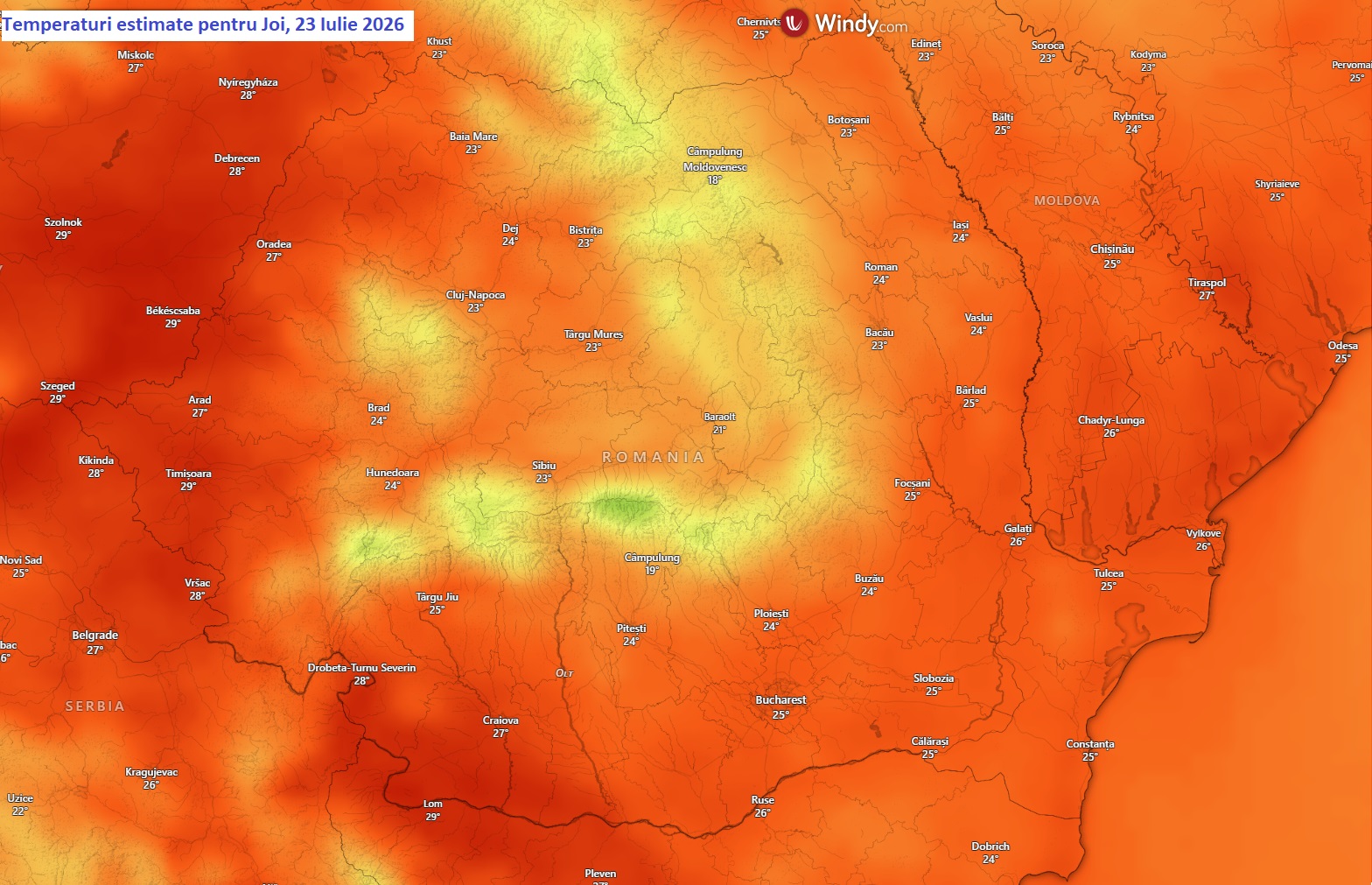Temperaturi estimate pentru Joi, 23 Iulie 2026