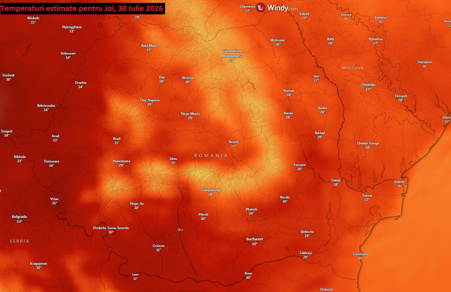 Temperaturi estimate pentru Joi, 30 Iulie 2026