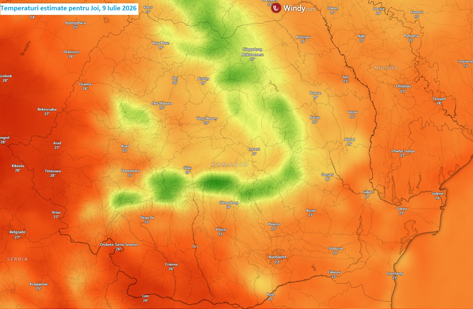 Temperaturi estimate pentru joi, 9 iulie 2026