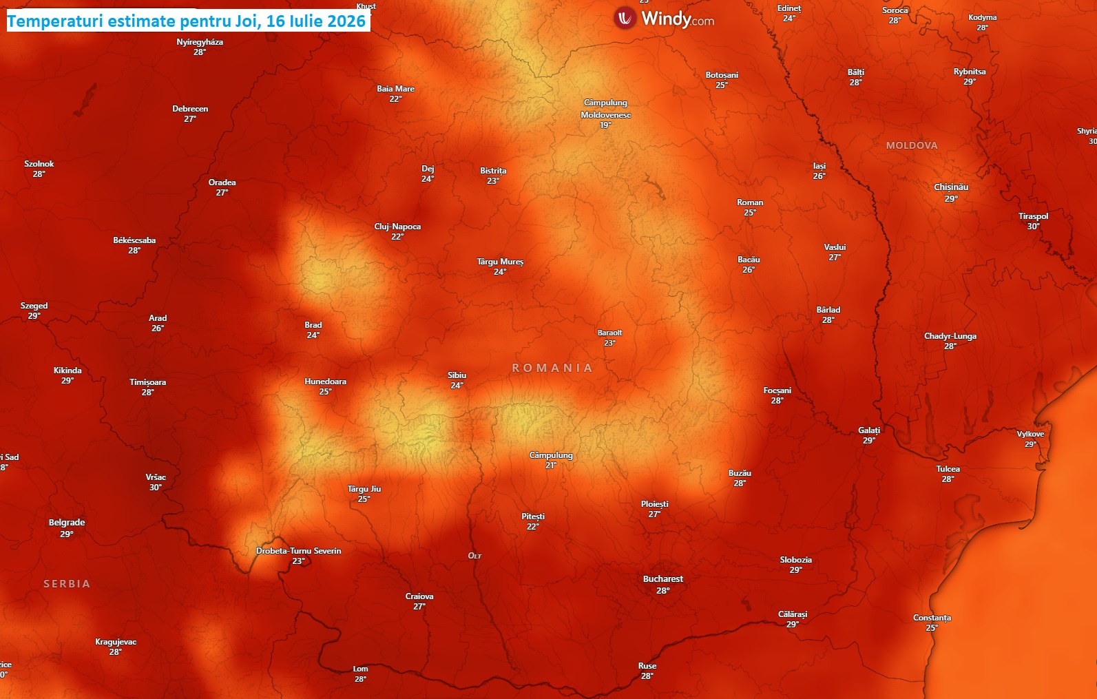 Temperaturi estimate pentru Joi, 16 iulie 2026