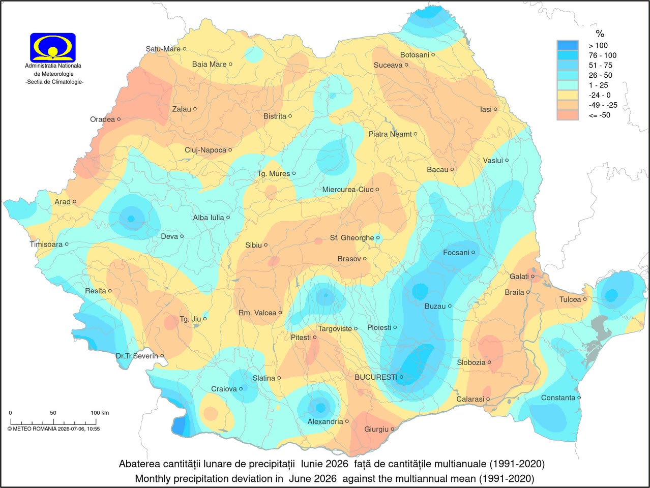 Abaterea cantitatii lunare de precipitatii in Iunie 2026 fata de normal
