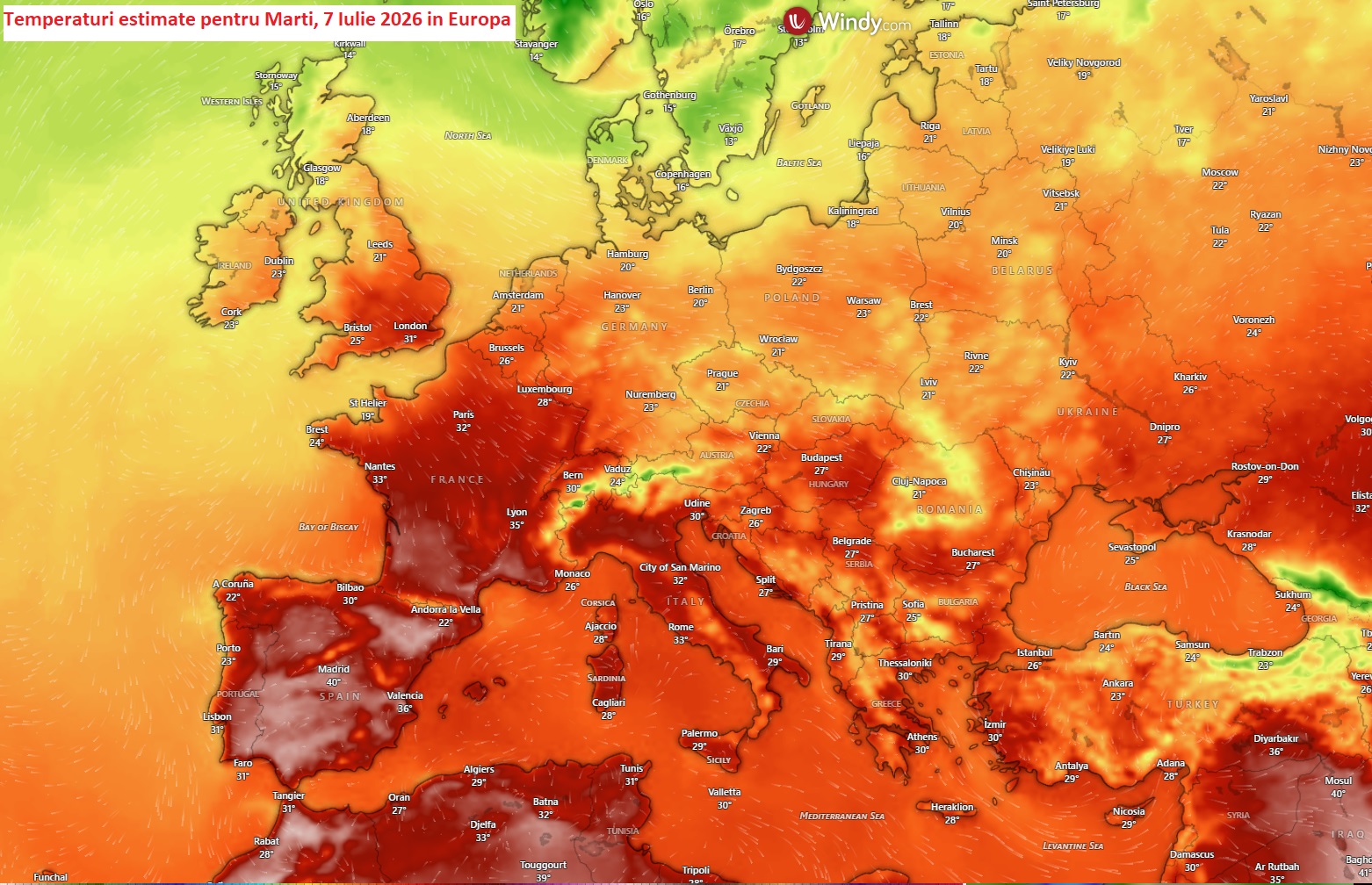 Temperaturi estimate pentru Marti, 7 Iulie 2026