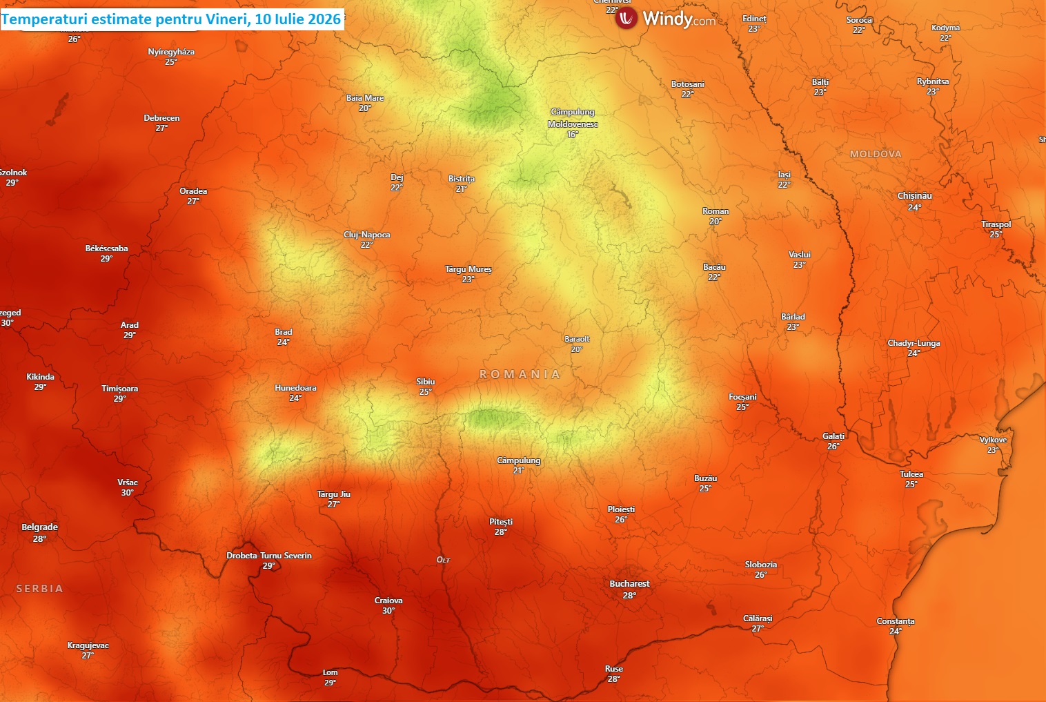 Temperaturi estimate pentru vineri, 10 iulie 2026