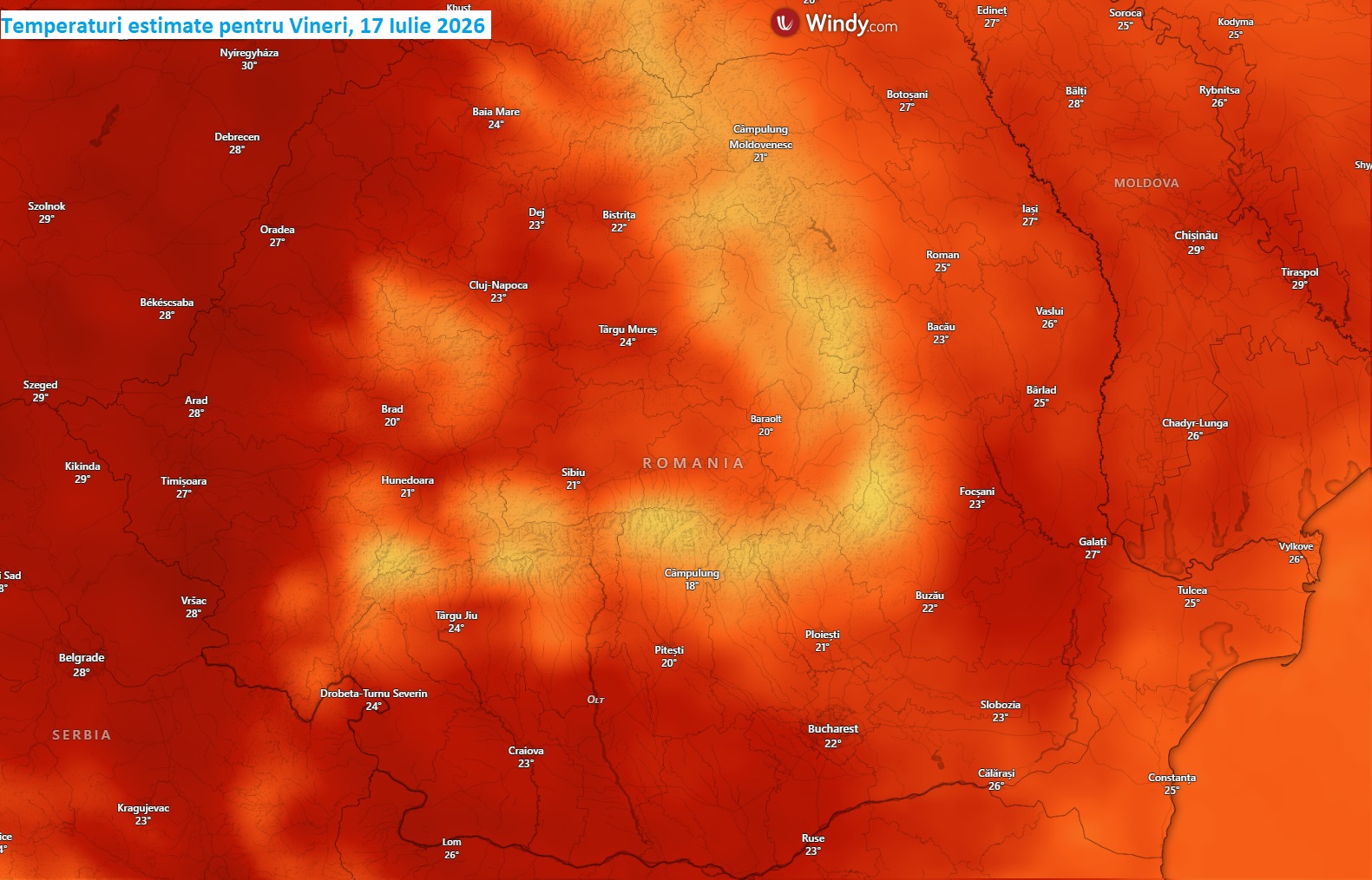 Temperaturi estimate pentru Vineri, 17 Iulie 2026