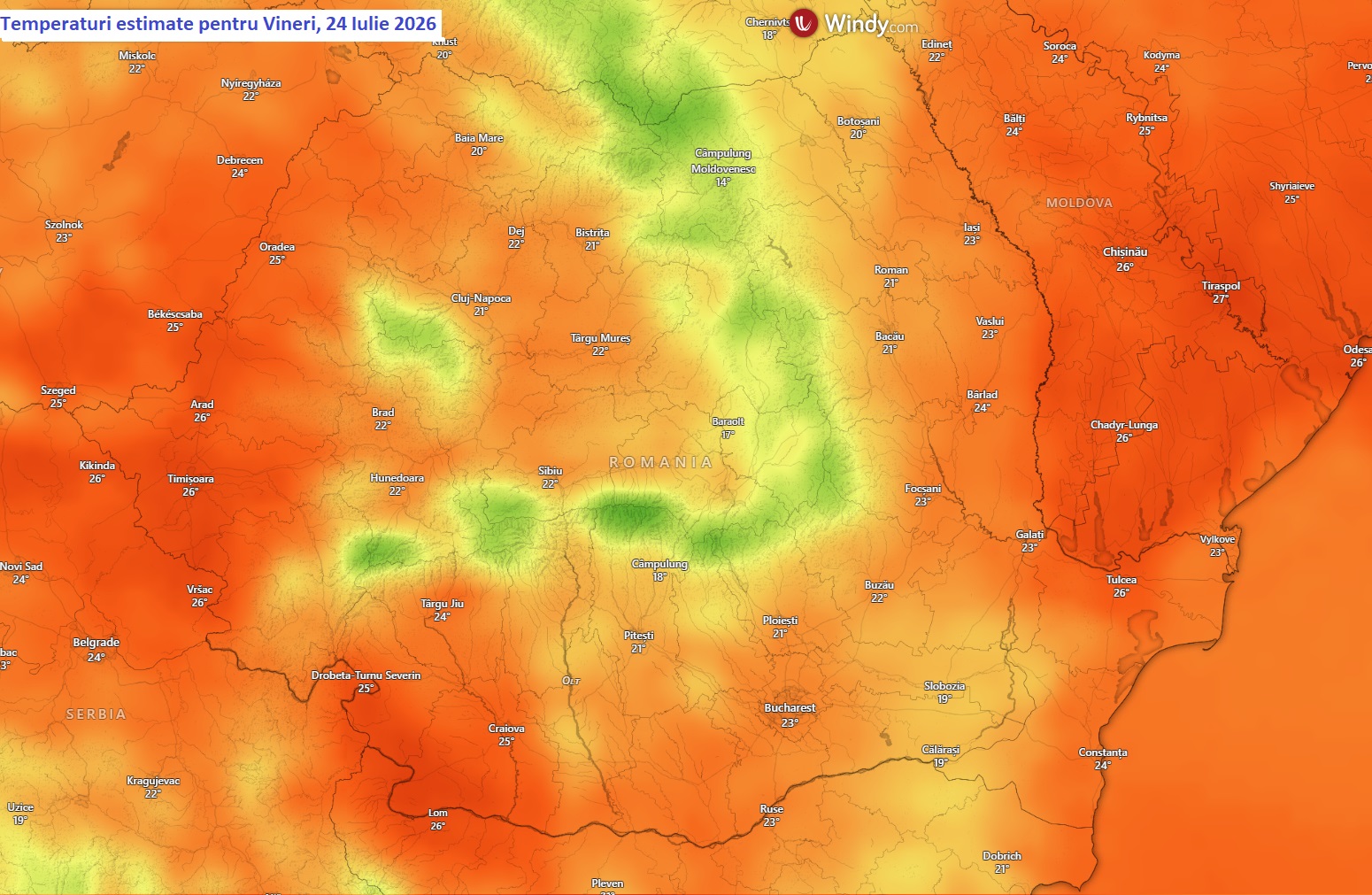Temperaturi estimate pentru ziua de Vineri, 24 Iulie 2026
