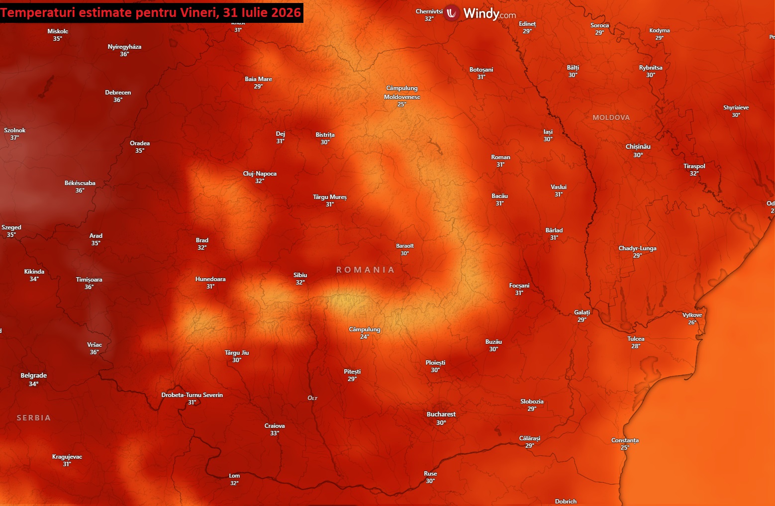 Temperaturi estimate pentru Vineri, 31 Iulie 2026