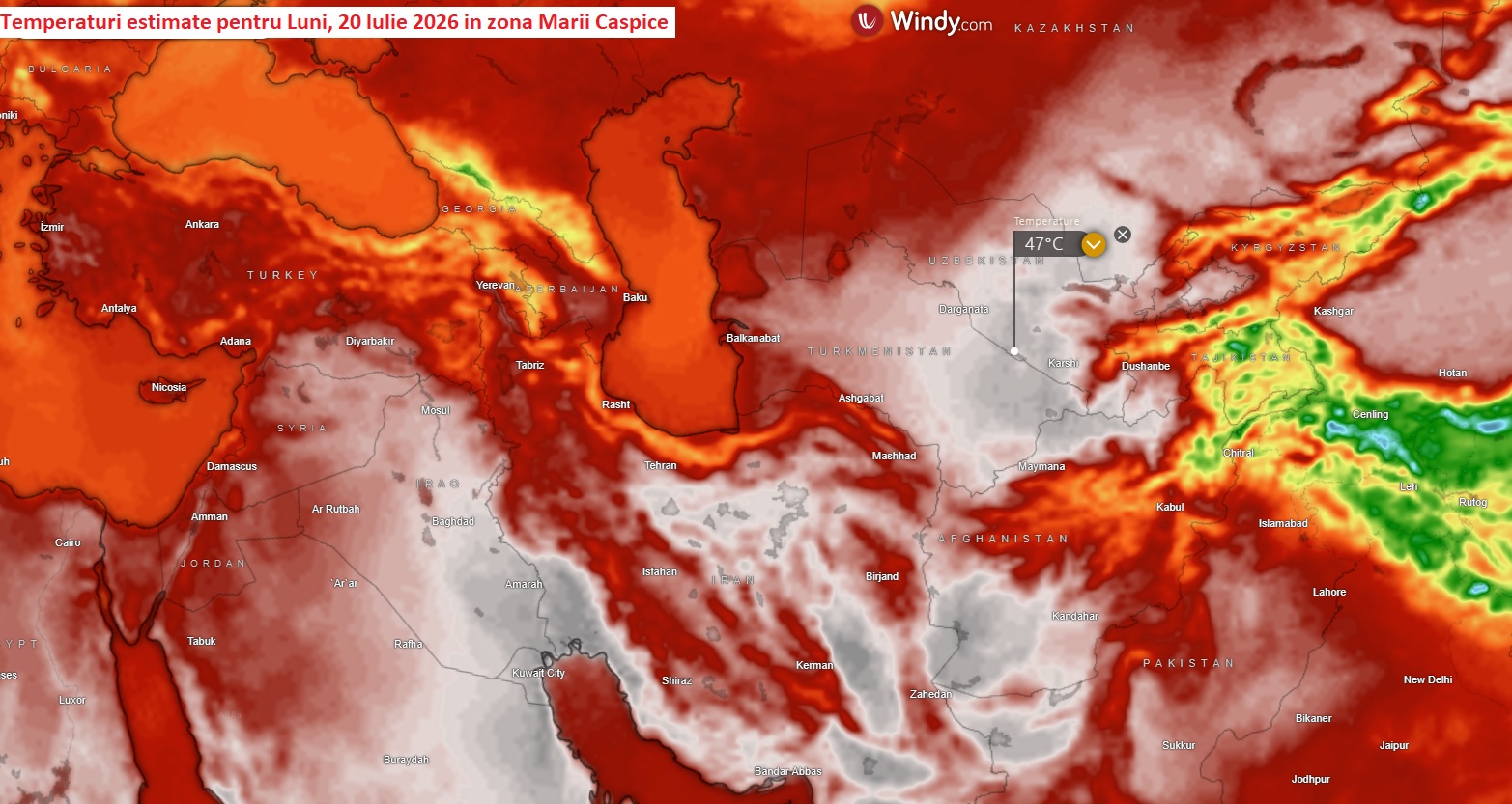 Temperaturi estimate pentru luni, 20 iulie 2026, în zona Mării Caspice