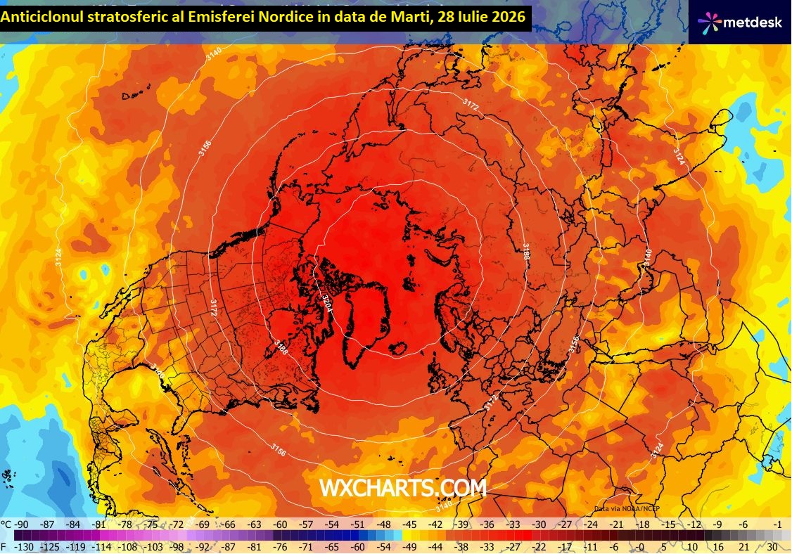 Anticiclonul stratosferic al Emisferei Nordice, in data de 28 Iulie 2026