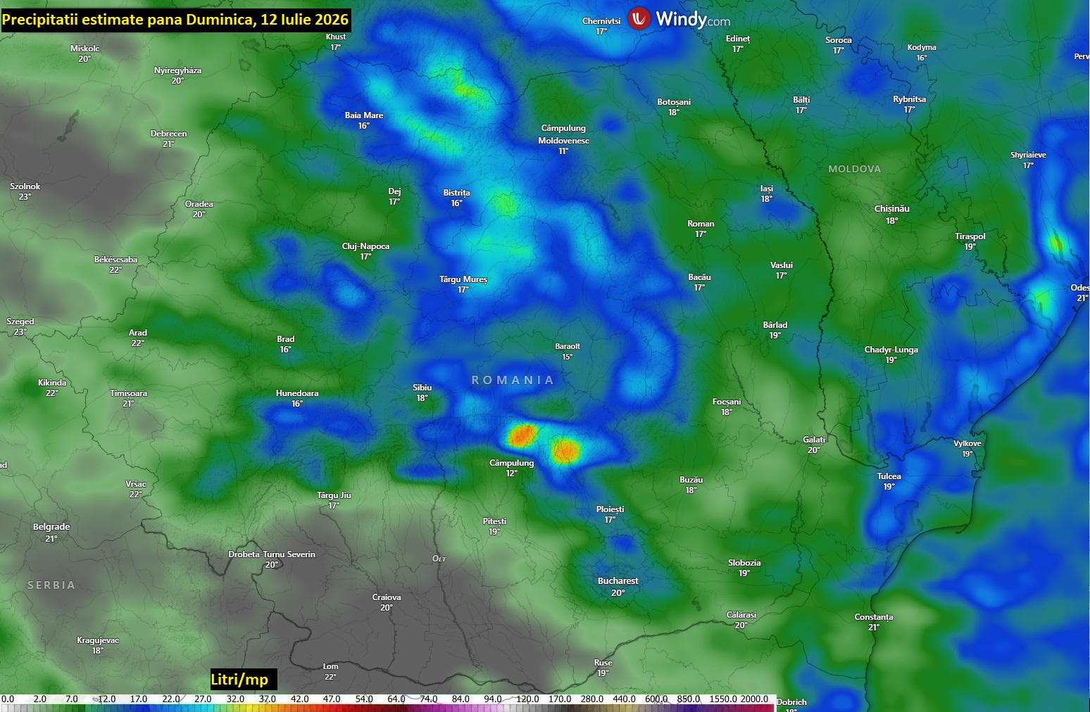 Precipitații estimate până duminică, 12 iulie 2026