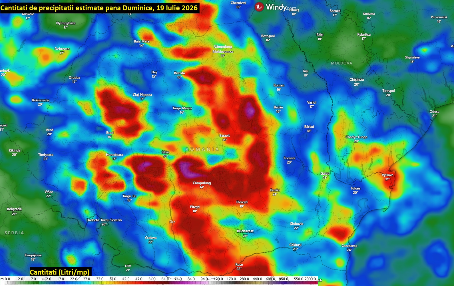 Precipitații estimate până Duminică, 19 Iulie 2026
