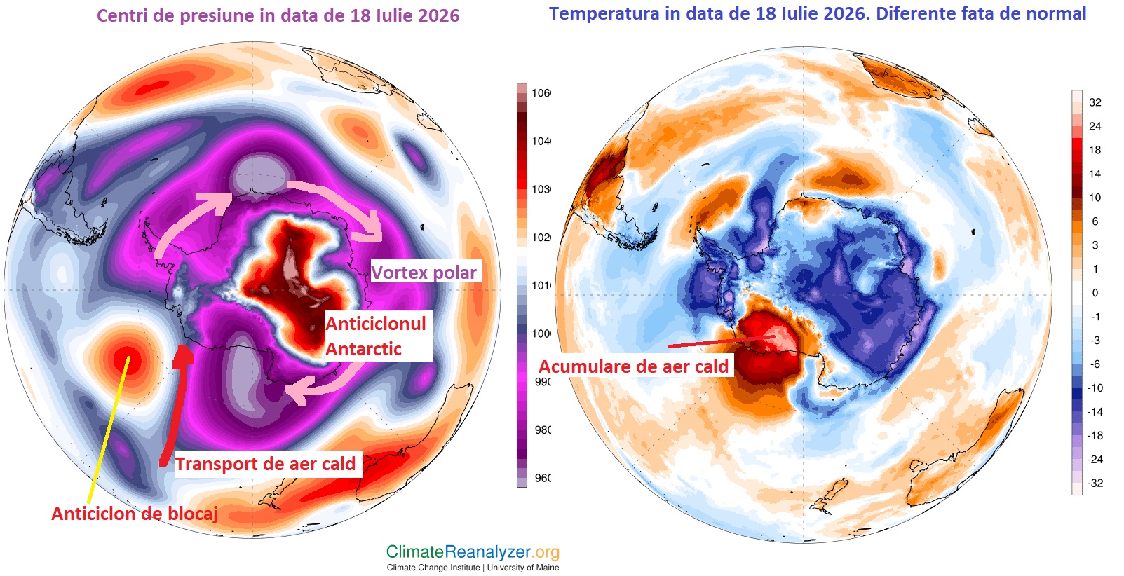 Presiune si temperaturi fata de medie in Antarctica in data de Sambata 18 Iulie 2026
