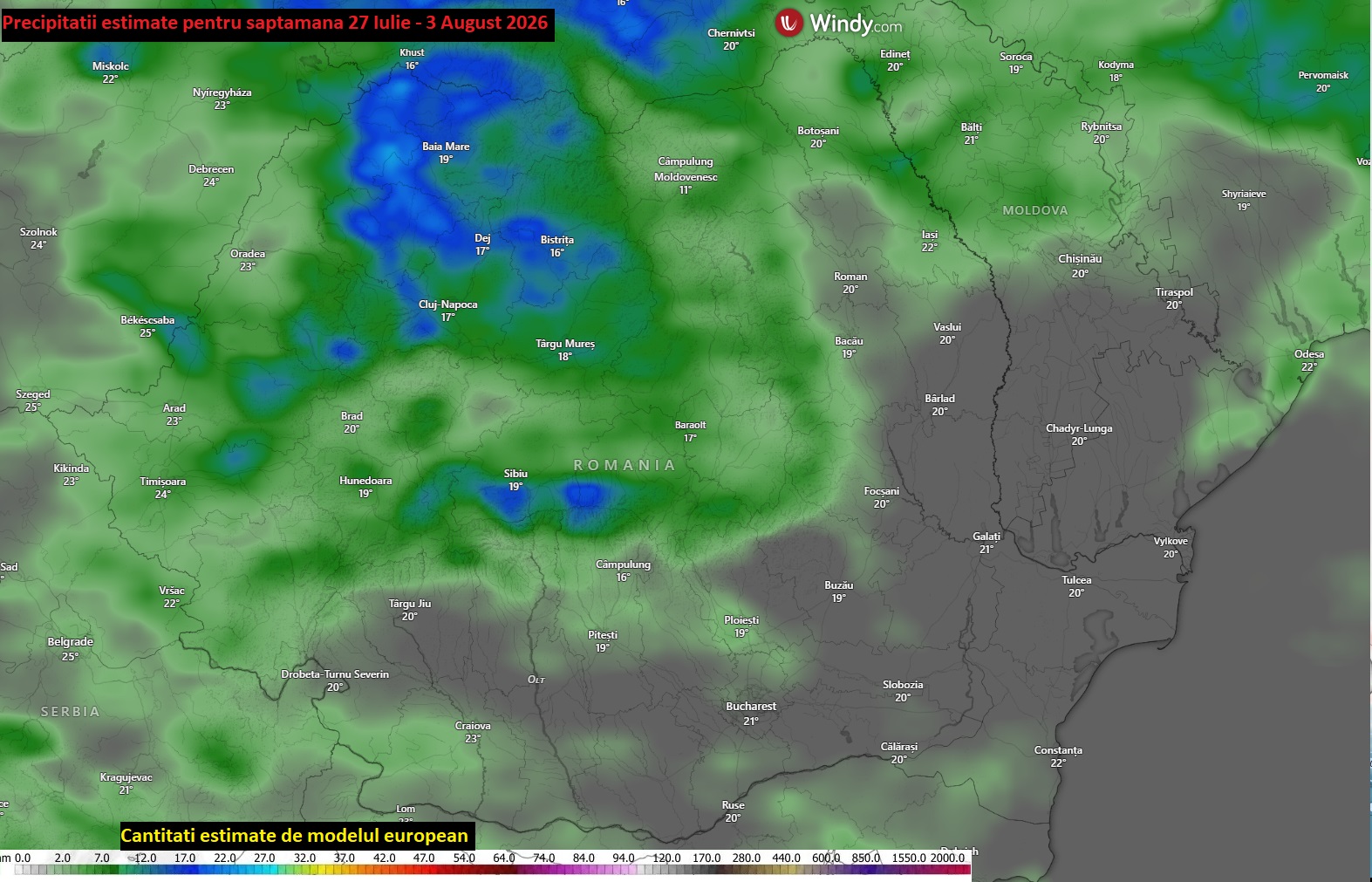 Precipitații estimate pentru săptămâna 27 Iulie - 3 August 2026