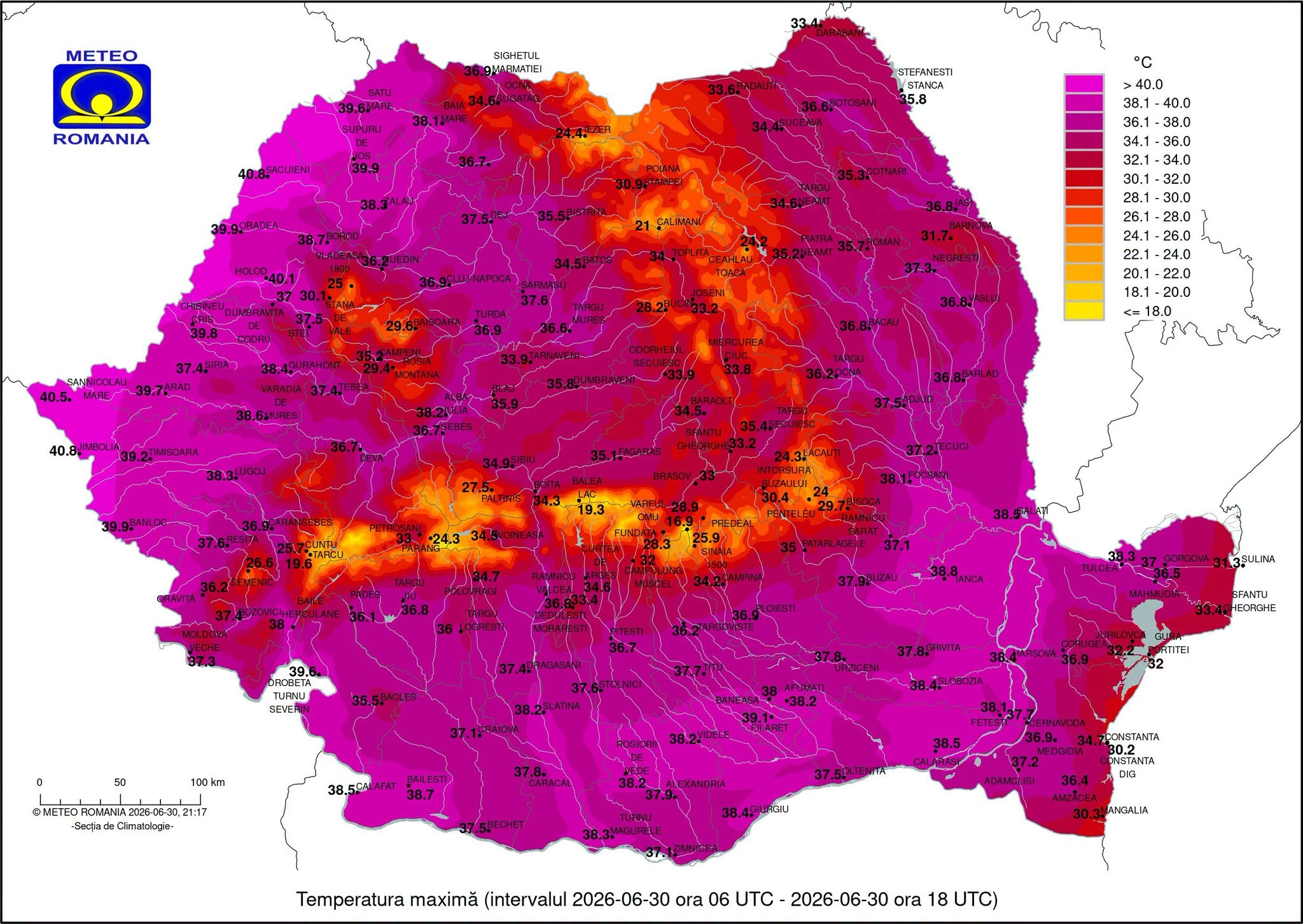 Temperaturi înregistrate în ziua de marți, 30 iunie 2026