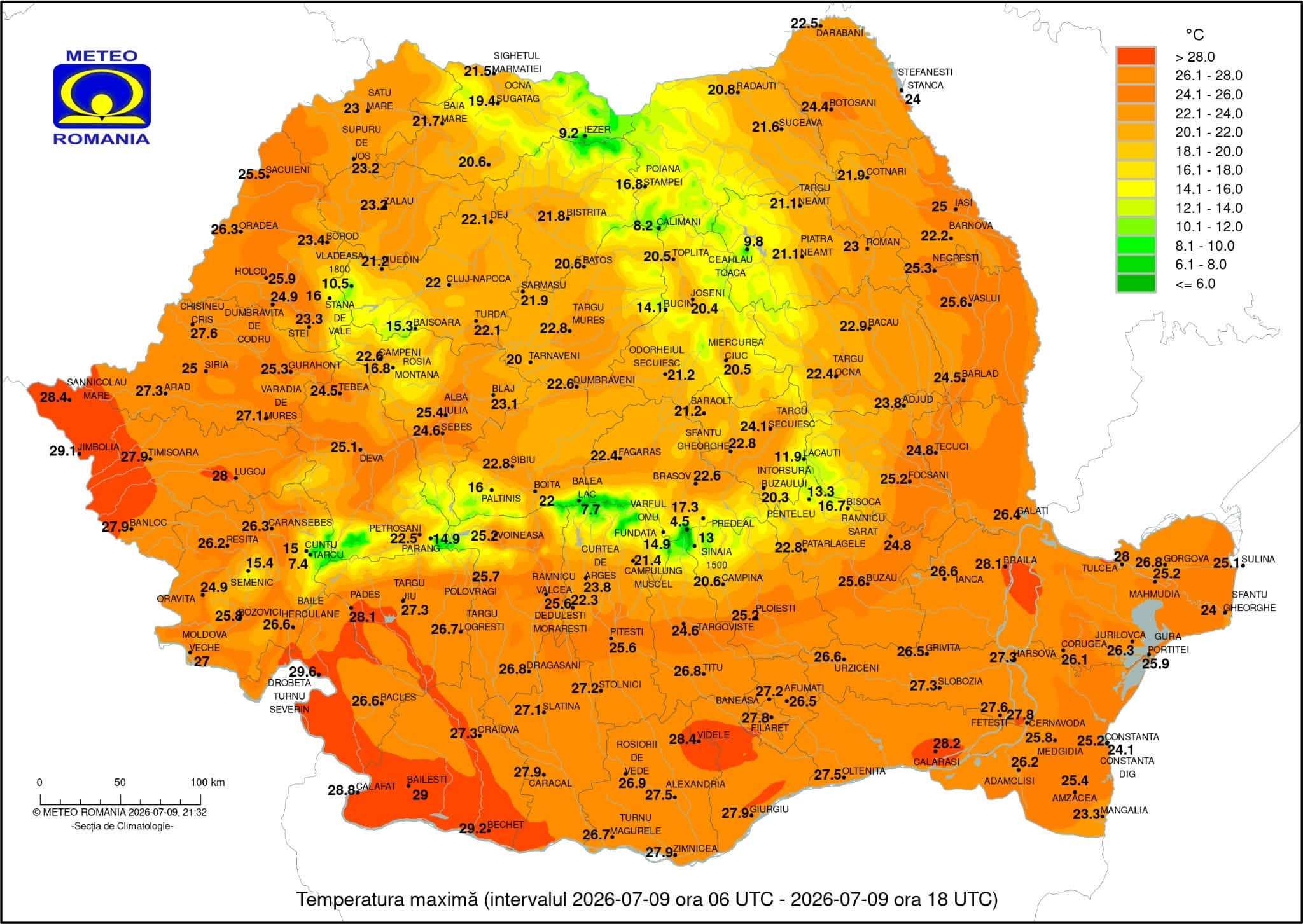 Temperatura maxima inregistrata in ziua de Joi, 9 Iulie 2026