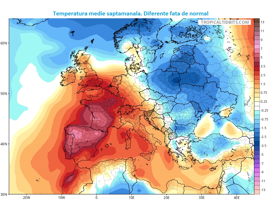 Temperatura medie estimata pentru saptamana 5-12 Iulie 2026. Diferente fata de normal