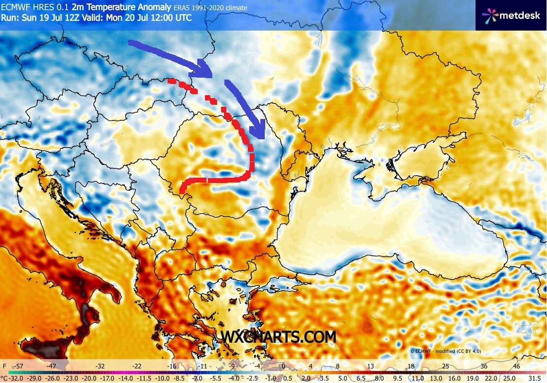Temperaturi și diferențe față de medie estimate pentru Luni, la orele după-amiezii