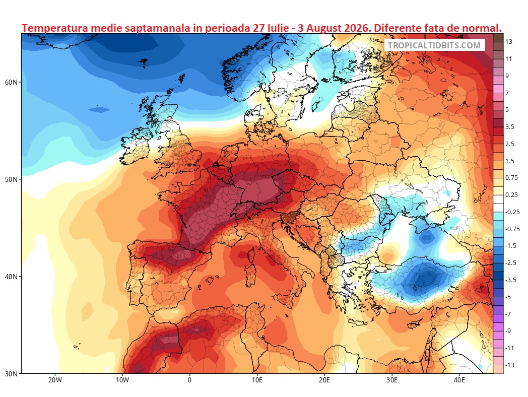 Temperatura medie saptamanala pentru intervalul 27 Iulie - 3 August 2026