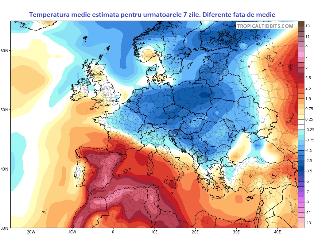 Temperatura medie estimata pentru saptamana 20-27 Iulie 2026. Diferente fata de medie