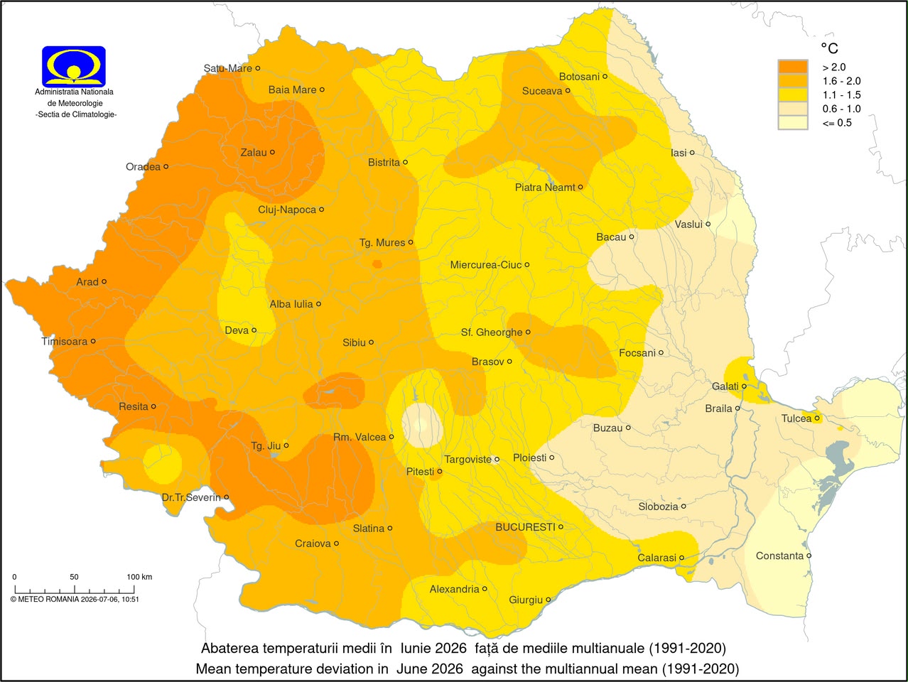 Abaterea temperaturii medii lunare fata de normal