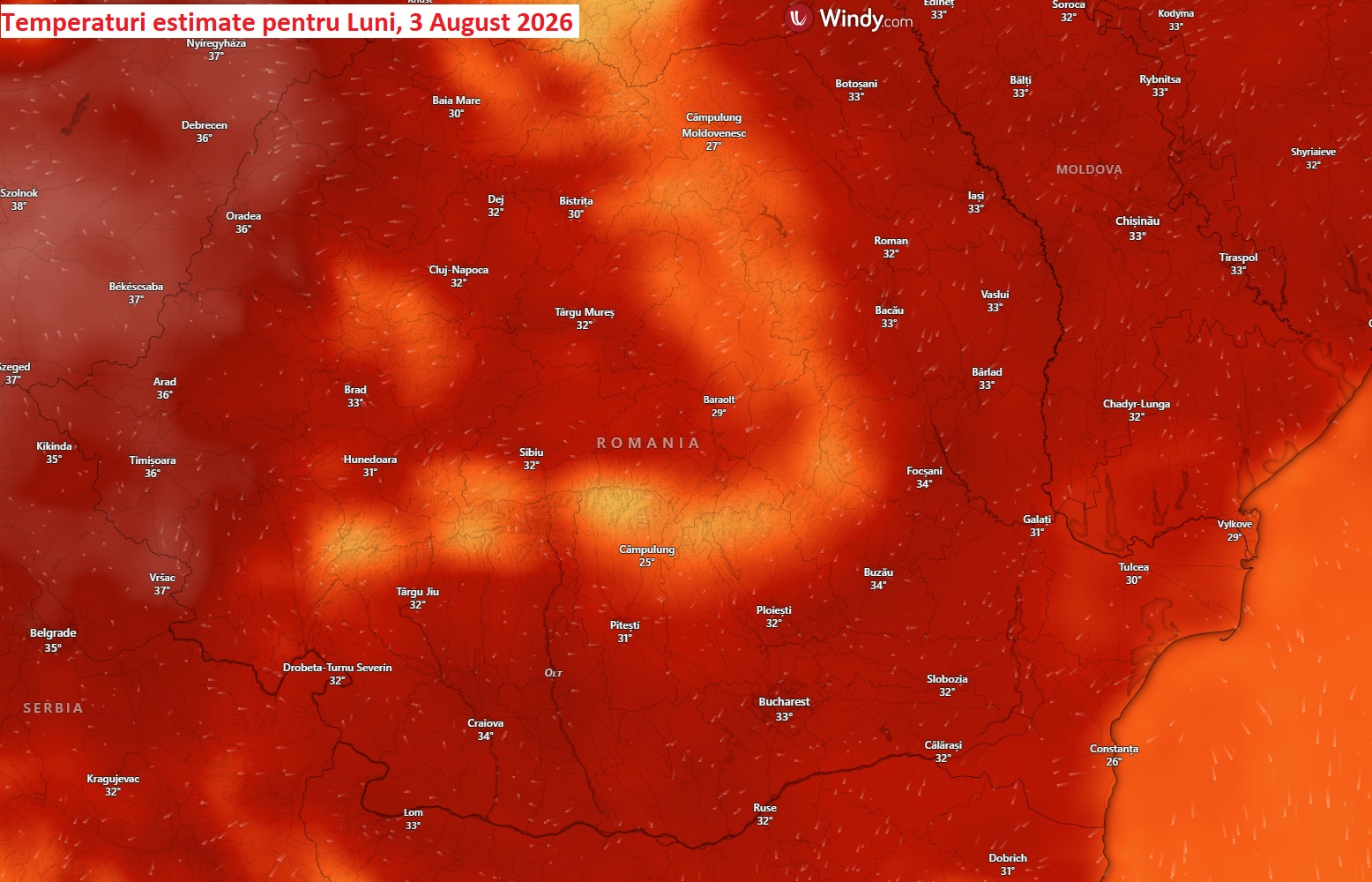 Temperaturi estimate pentru Luni, 3 August 2026