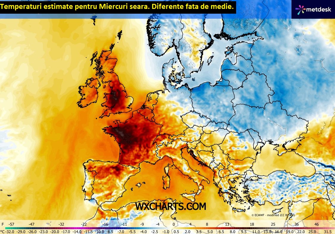 Temperaturi estimate pentru Miercuri seara. Diferente fata de medie