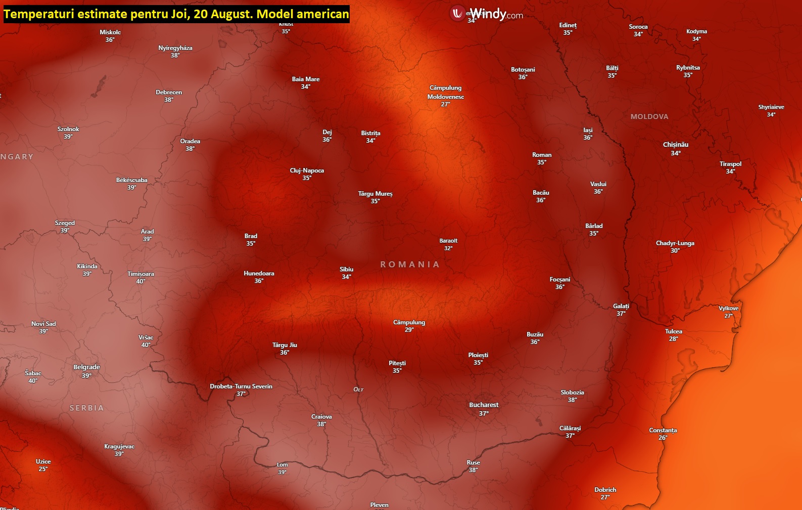 Temperaturi estimate pentru Joi, 20 August. Model american