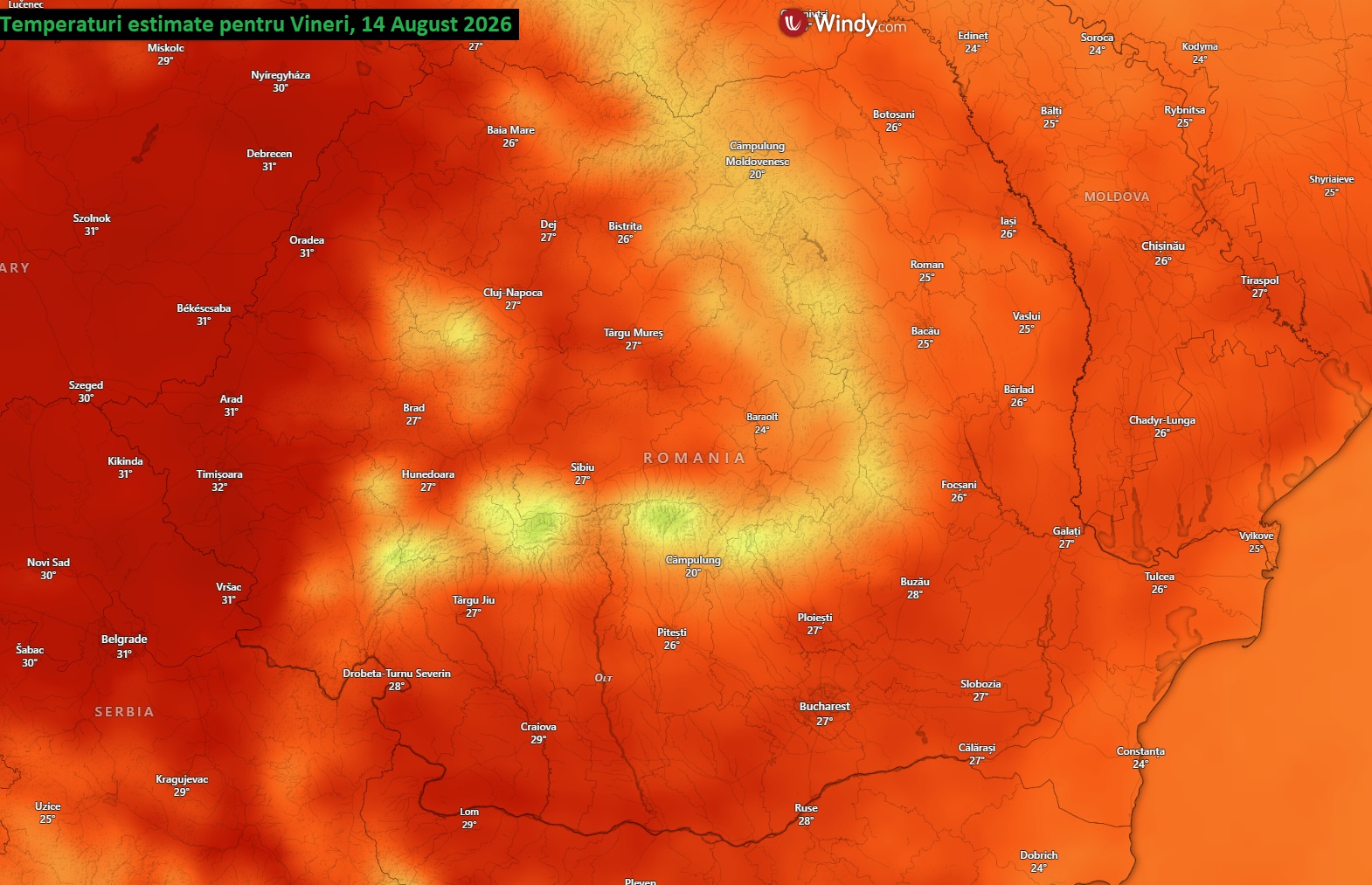Temperaturi estimate pentru Vineri, 14 August 2026