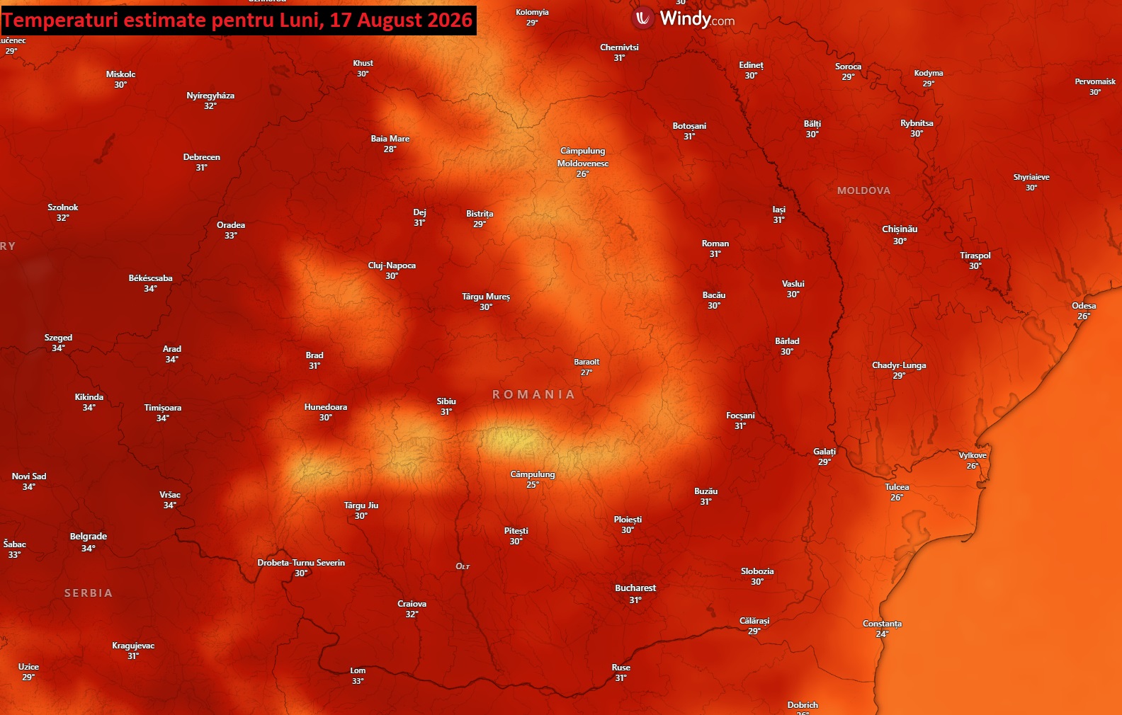 Temperaturi estimate pentru Luni, 17 August 2026