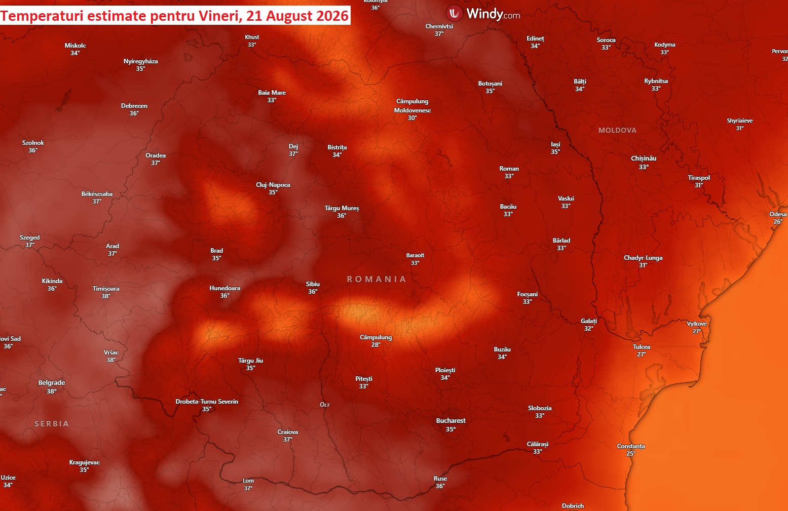 Temperaturi estimate pentru Vineri, 21 August 2026