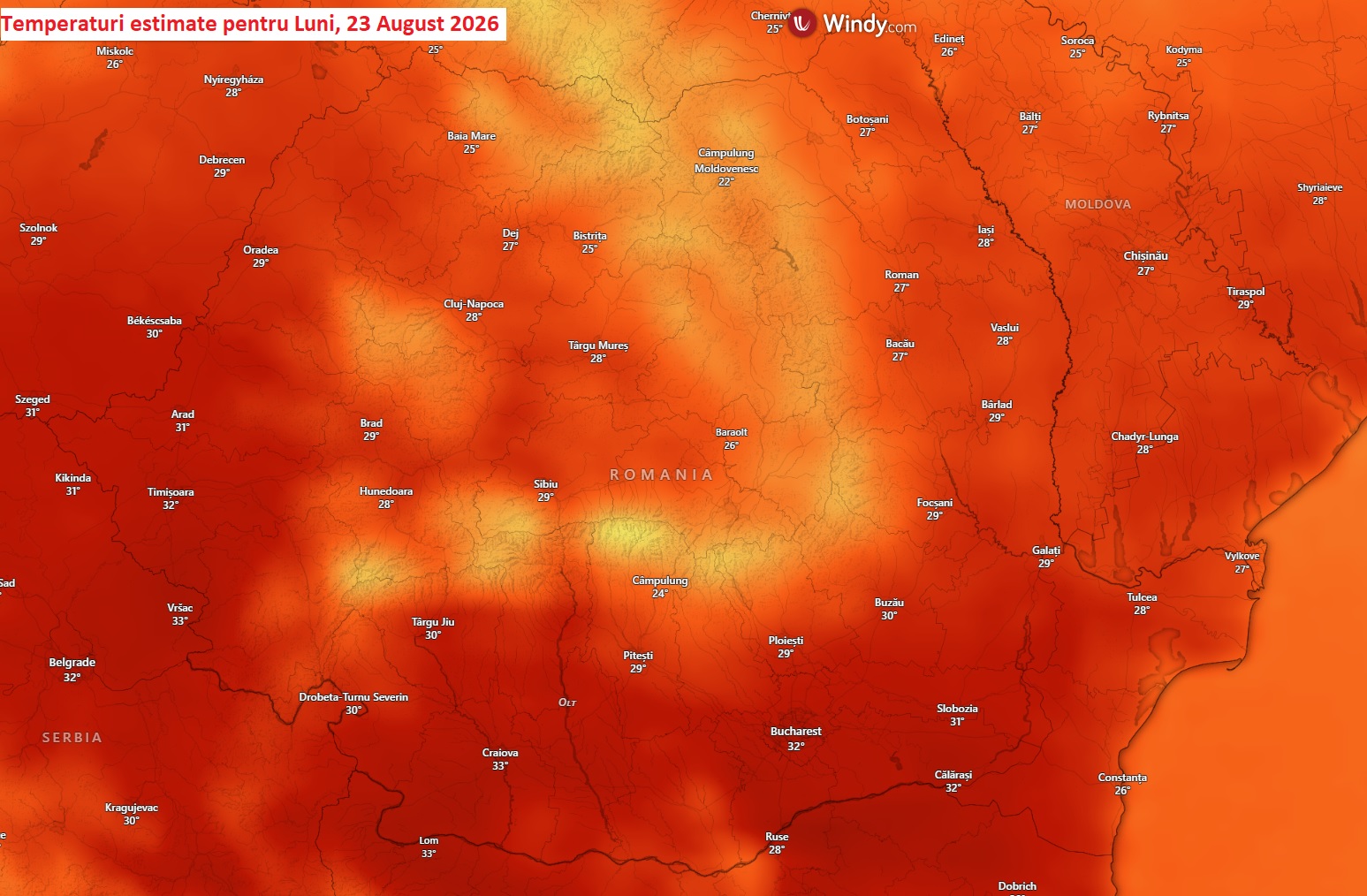Temperaturi estimate pentru luni, 24 August 2026
