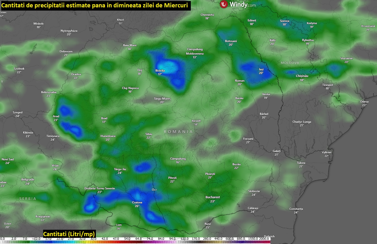 Cantități de precipitații estimate până în dimineața zilei de miercuri, 26 august 2026