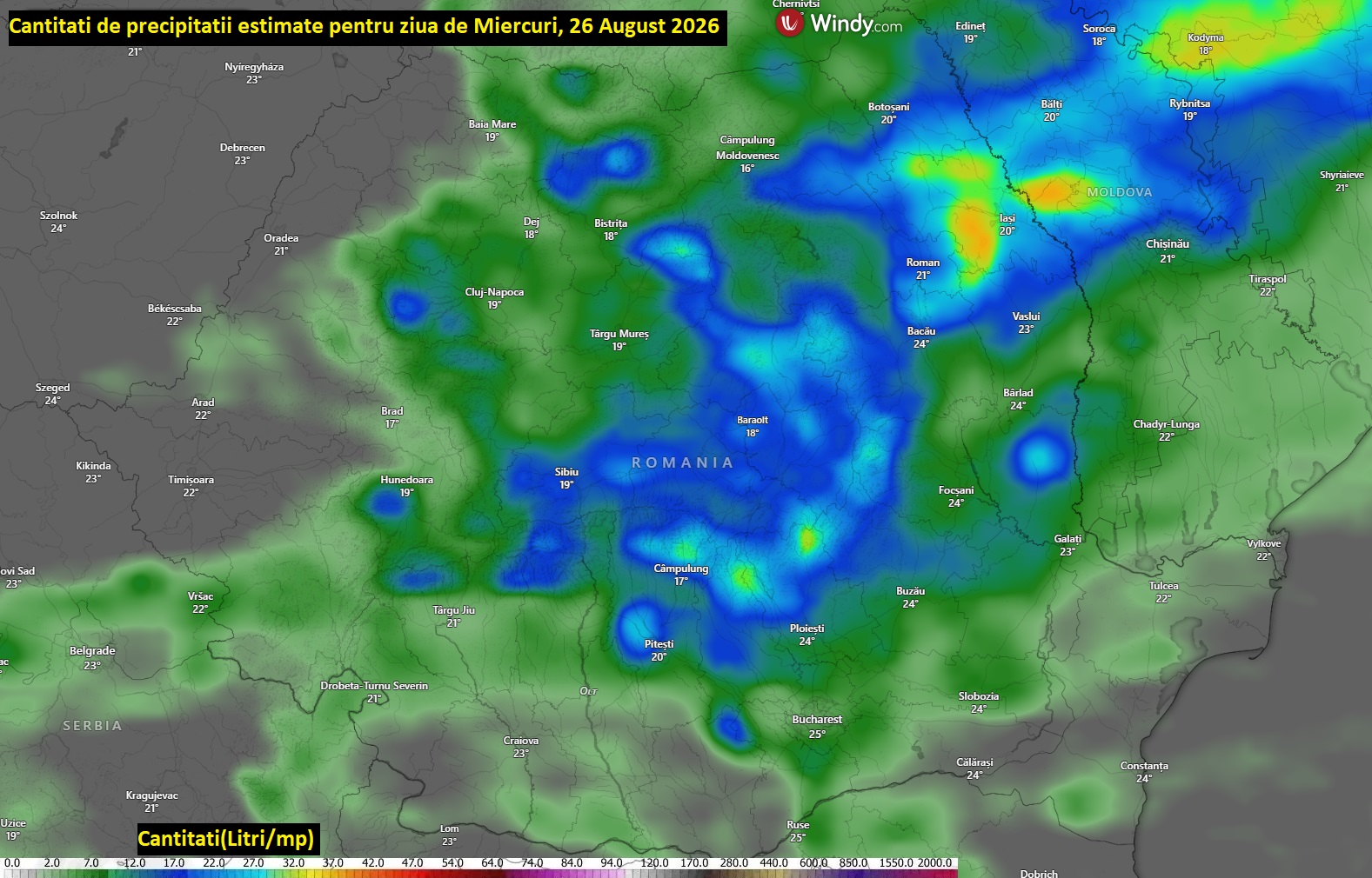 Precipitatii estimate pentru ziua de Miercuri, 26 August 2026