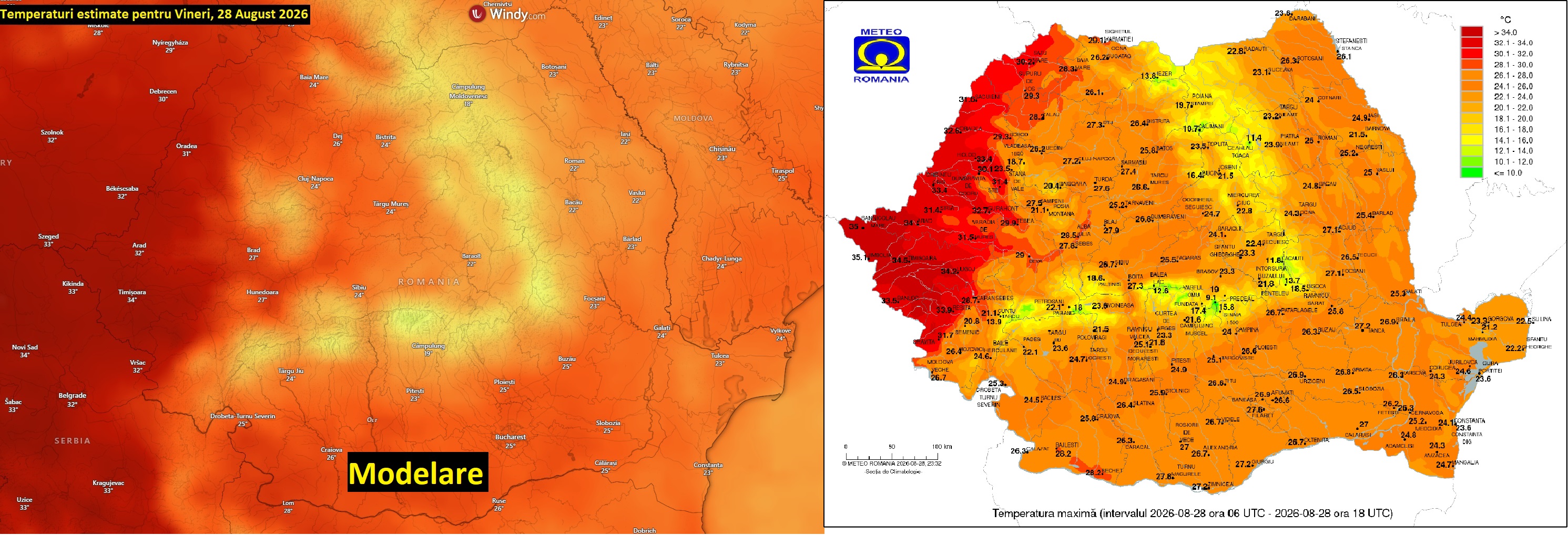 Comparatie intre estimarea modelului european si harta temperaturilor la nivel national