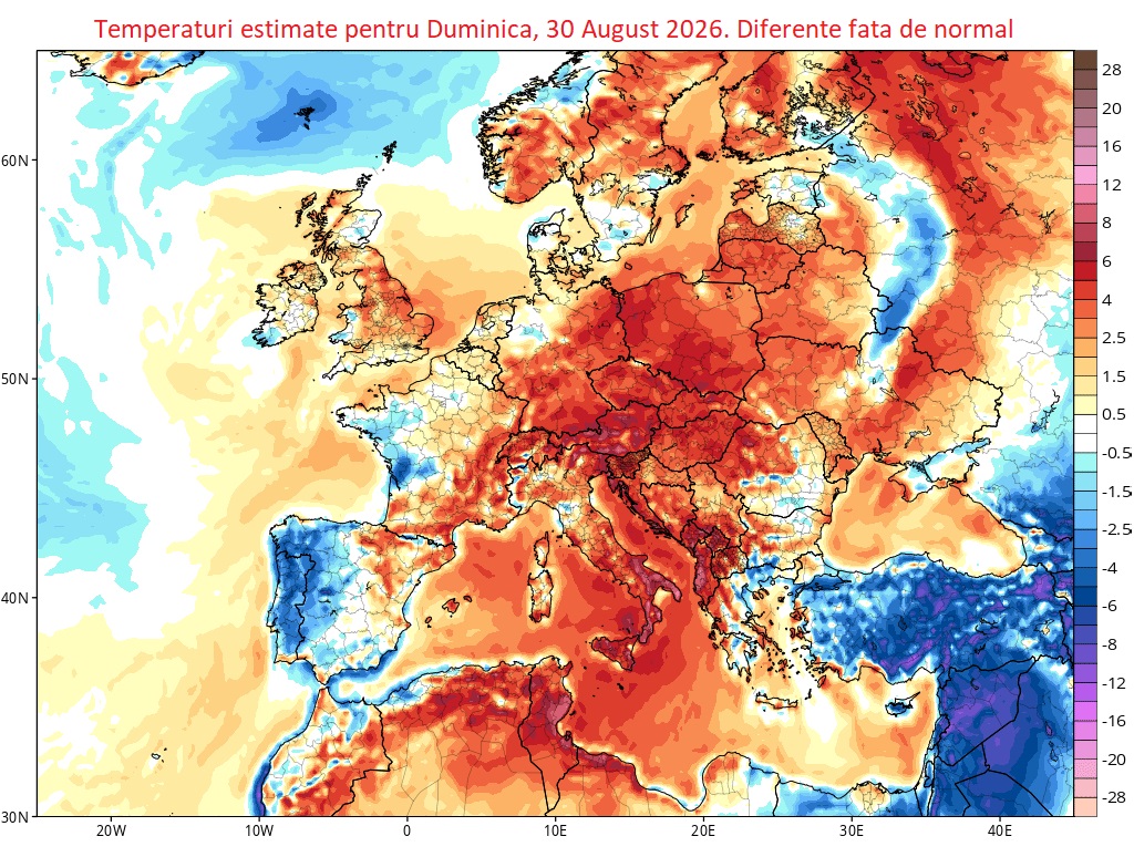 Temperaturi estimate pentru Duminica, 30 August 2026