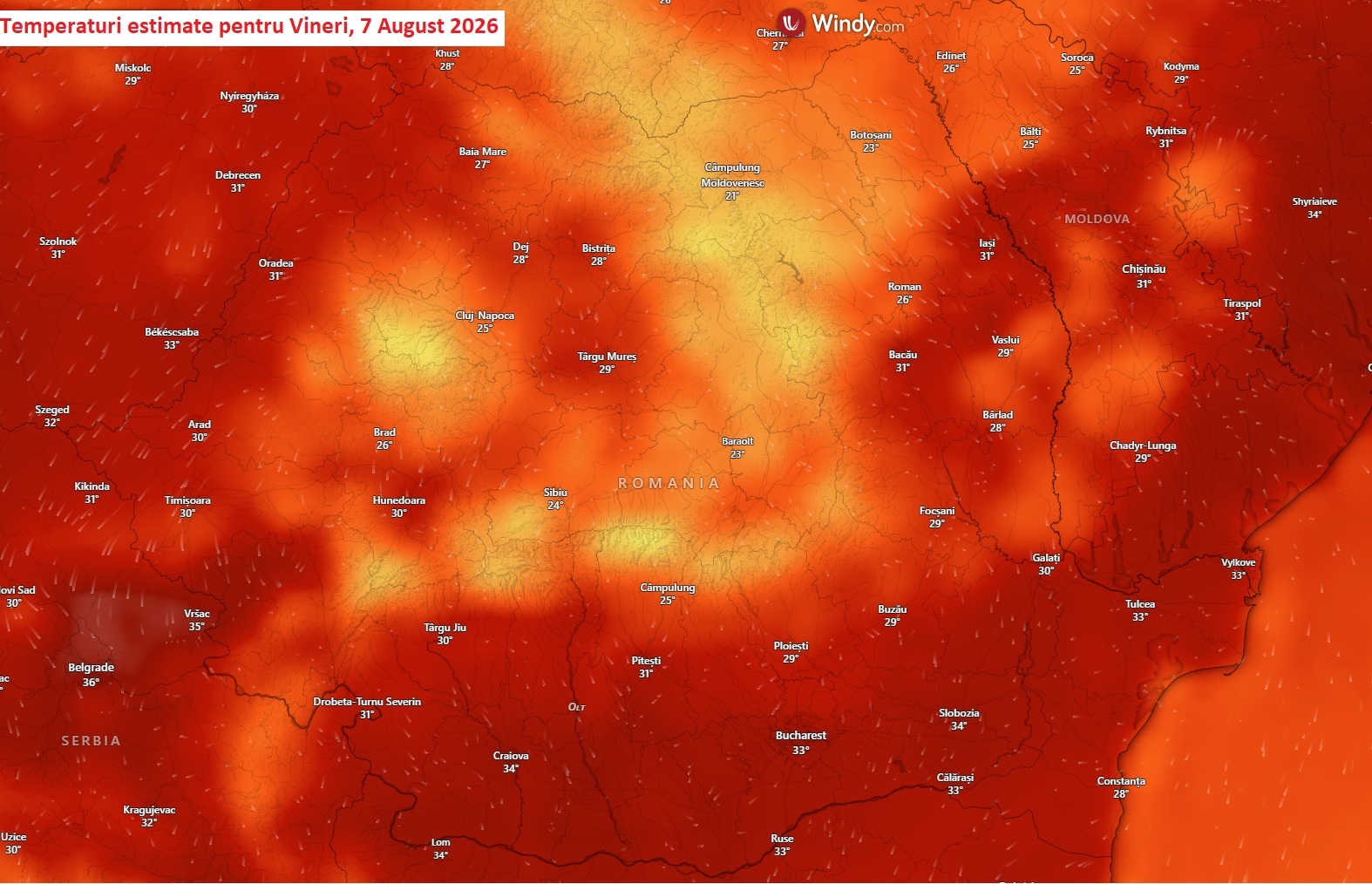 Temperaturi estimate pentru Vineri, 7 August 2026