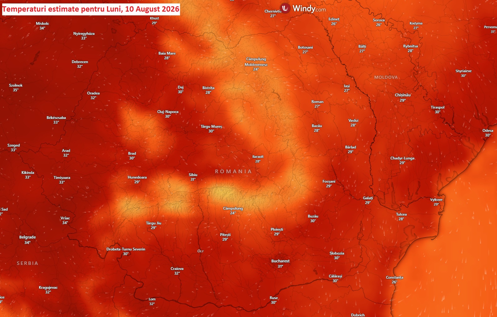 Temperaturi estimate pentru luni, 10 august 2026