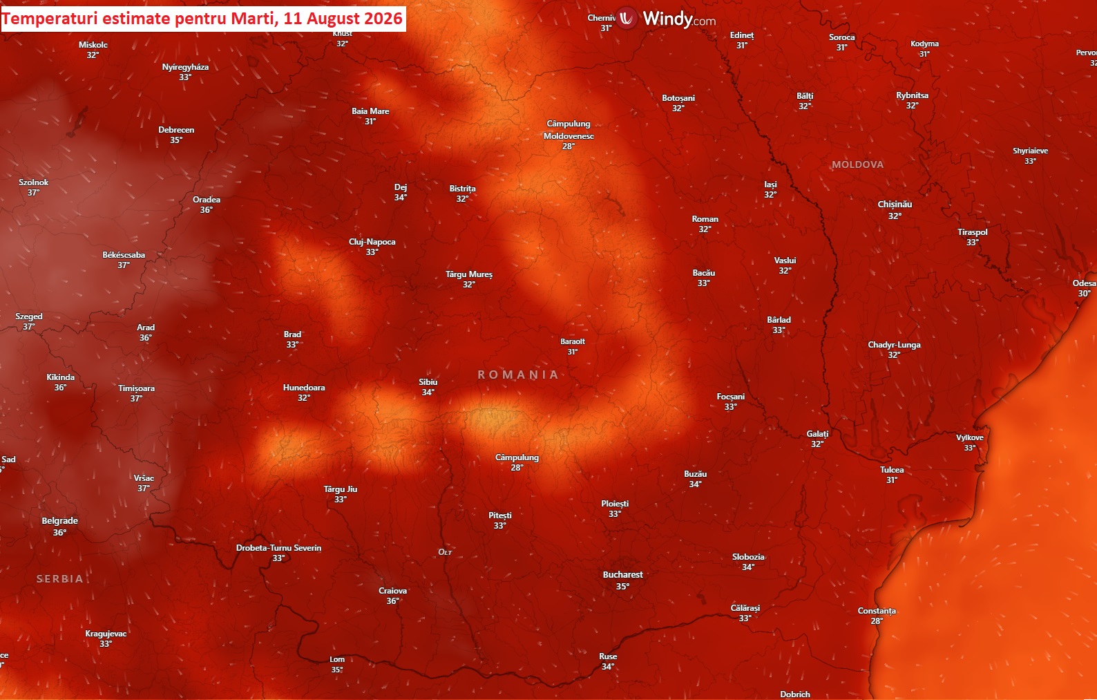 Temperaturi estimate pentru marți, 11 august 2026