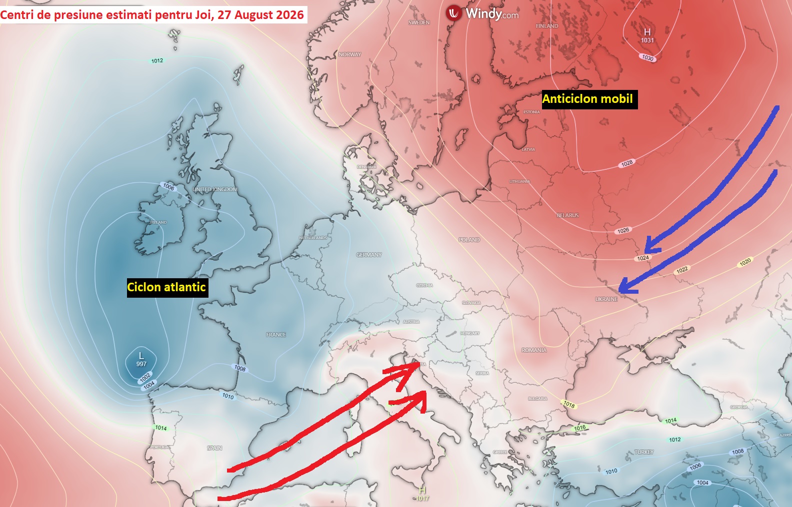 Centri de presiune estimați pentru Joi, 27 August 2026