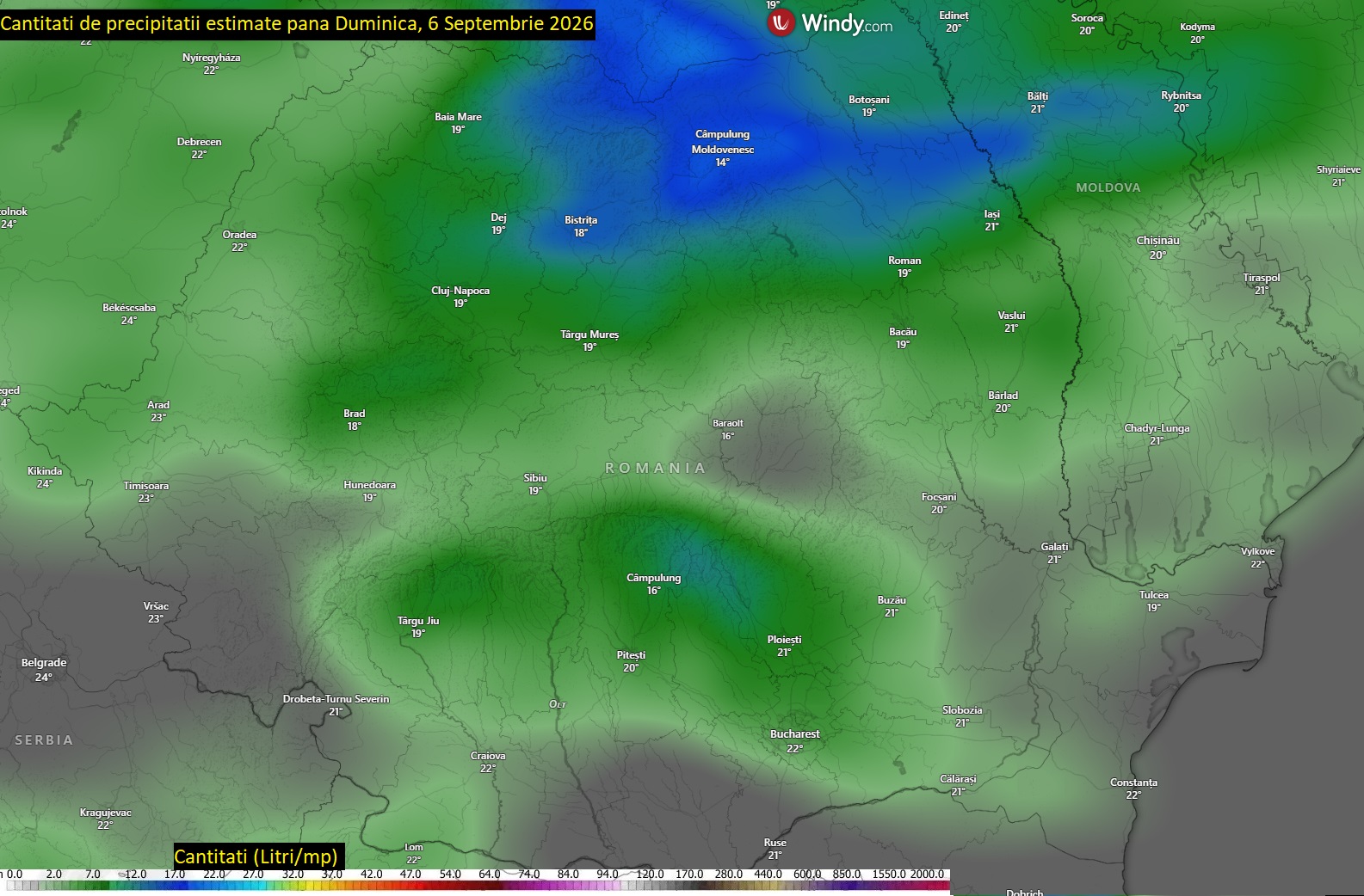 Precipitații estimate până duminică, 6 septembrie. Model american