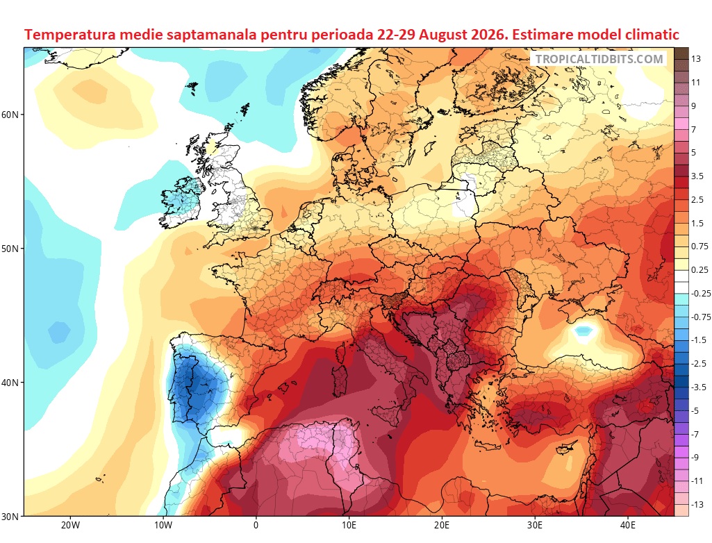 Temperatura medie saptamanala, estimata pentru perioada 22-29 August. Model climatic american