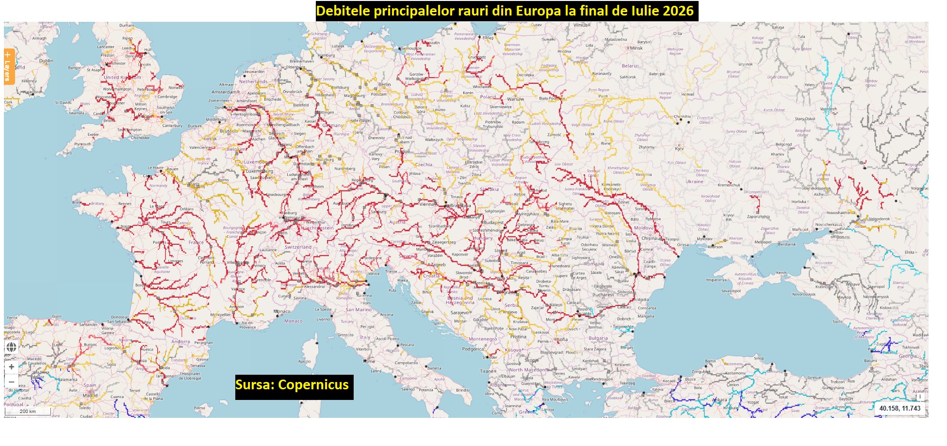 Debitul principalelor râuri din Europa la final de Iulie