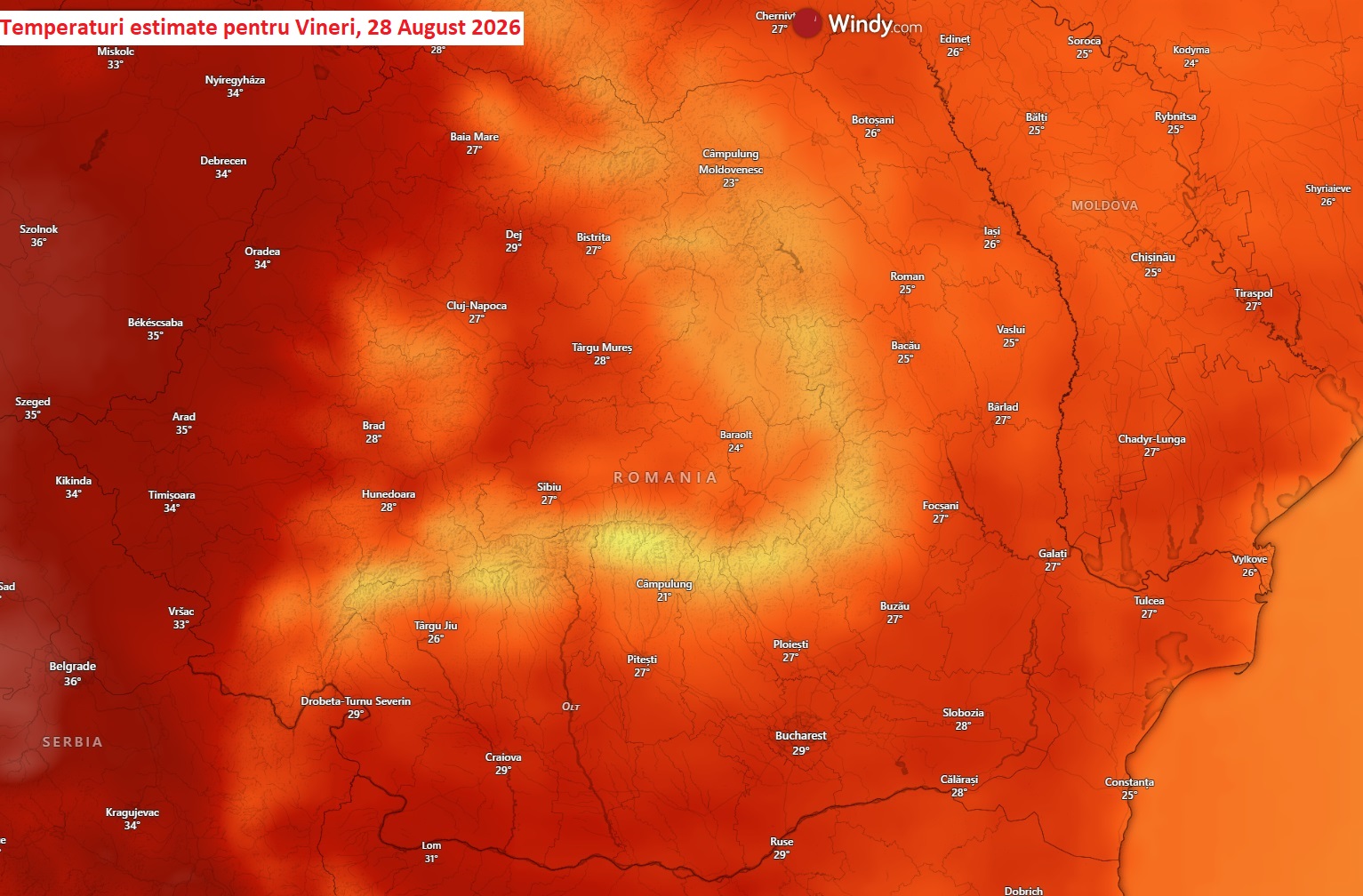 Temperaturi estimate pentru Vineri, 28 August 2026