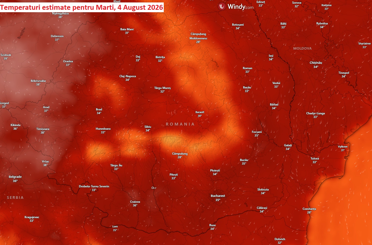 Temperaturi estimate pentru Marți, 4 August 2026