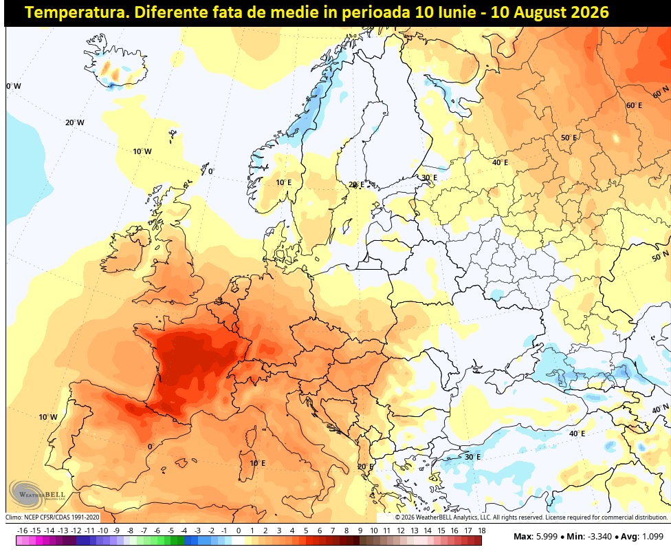 Temperatura. Diferente fata de medie in perioada 10 Iunie - 10 August 2026