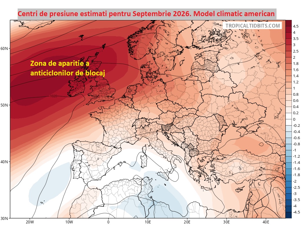 Centri de presiune estimati pentru Septembrie 2026. Model climatic american