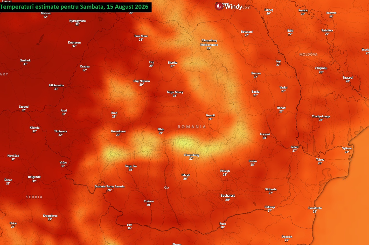 Temperaturi estimate pentru Sambata, 15 August 2026