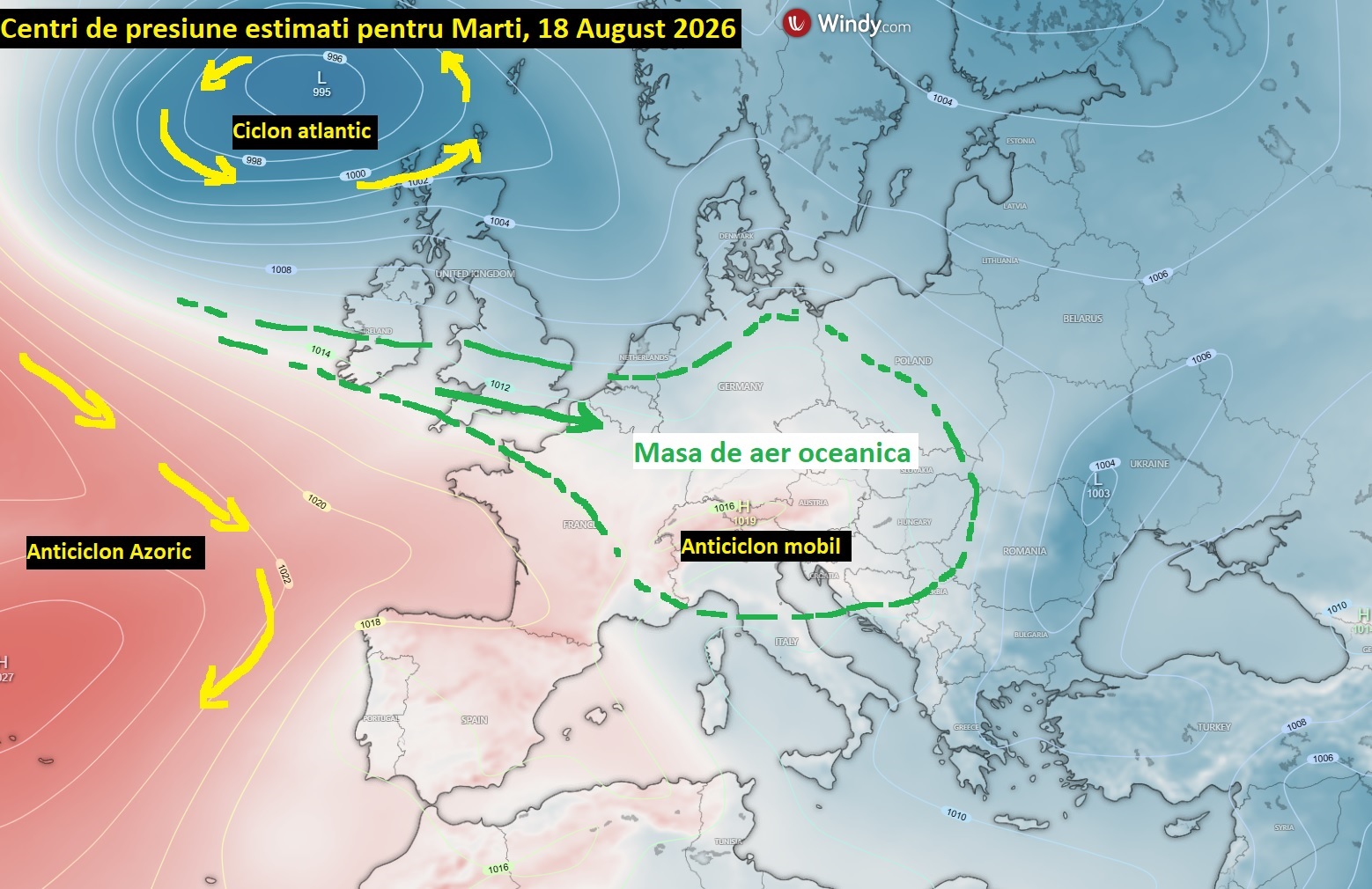 Centri de presiune estimati pentru Marti, 18 August 2026