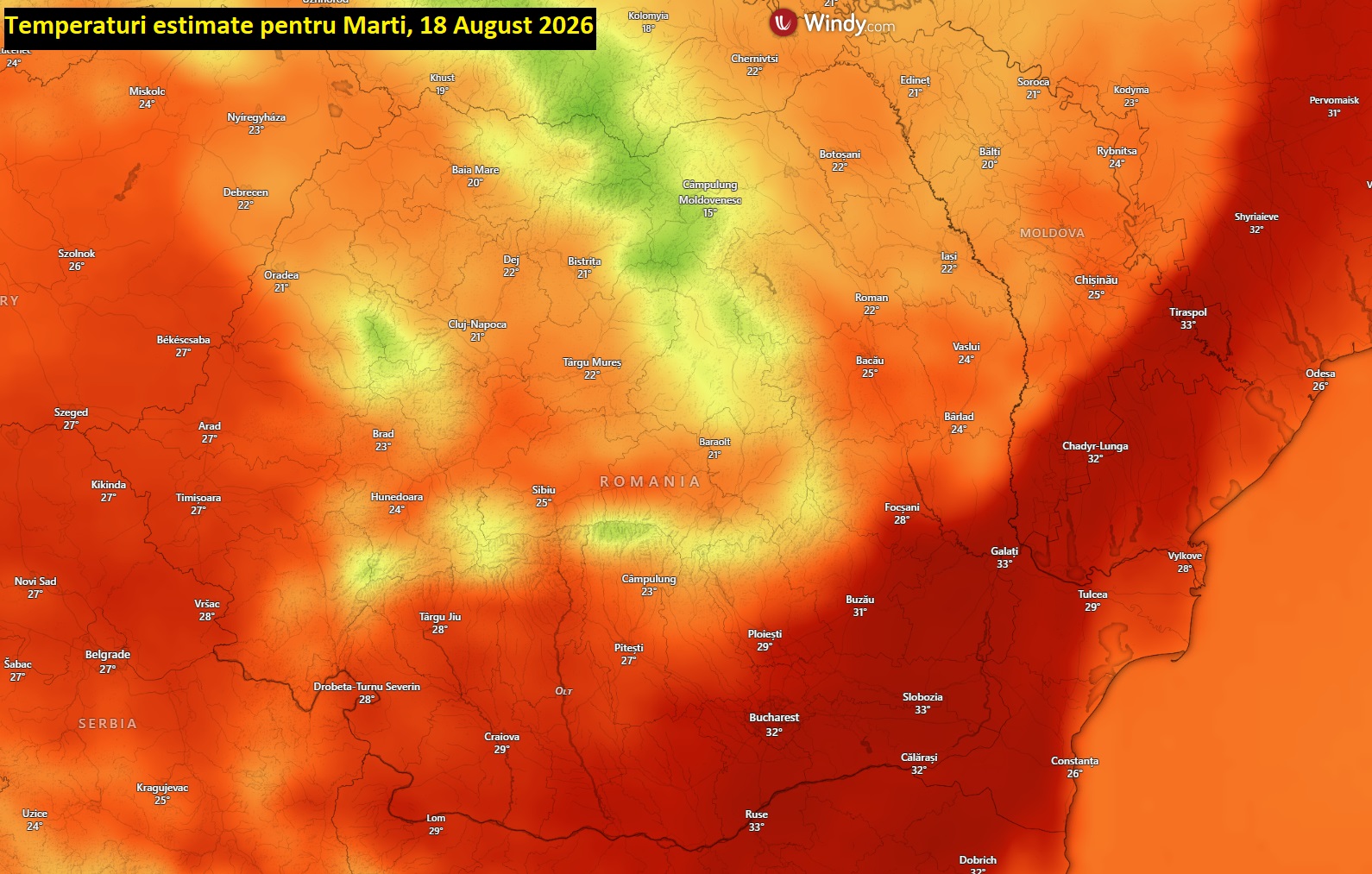 Temperaturi estimate pentru marți, 18 August 2026